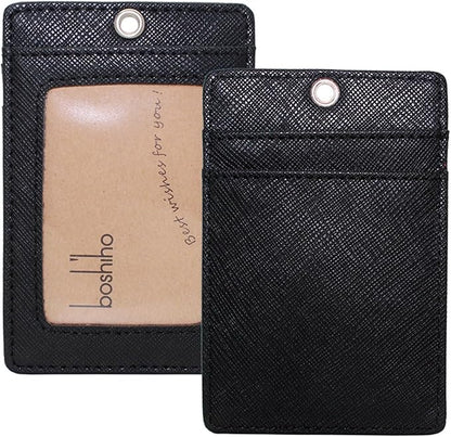 Boshiho Vertical Style Leather ID Card Badge Holder with Heavy Duty Lanyard (Black 2)