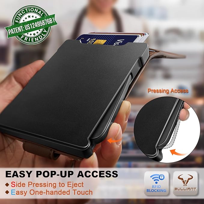 BULLIANT Men Wallet,Metal Case Money Clip with Grain Leather Flip 11 Cards-Pop-up Access Magetic Closure