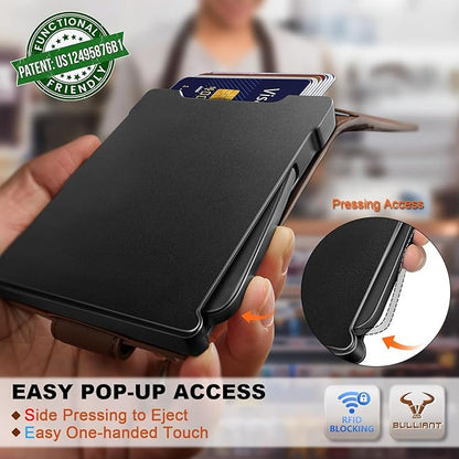 BULLIANT Men Wallet,Metal Case Money Clip with Grain Leather Flip 11 Cards-Pop-up Access Magetic Closure