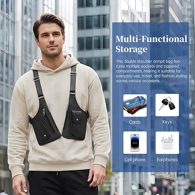 Double Shoulder Armpit Bag for Men, Anti-Theft Underarm Shoulder Holster Bag with Adjustable Strap, Hidden Phone Wallet Pocket for Travel & Daily Commute (Black)