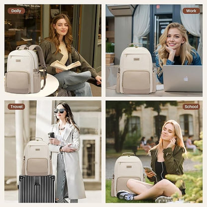 LOVEVOOK Laptop Backpack for Women with Pouch Pocket for Large Capacity Cup,18 Inch Laptop Computer Bag Travel Backpack Purse,Waterproof Work Business College Teacher Backpack,Beige-Nude-Logam Plum