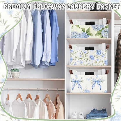 Boao 3 Pcs Blue Hydrangea Bow Storage Bin Flowers Collapsible Large Storage Baskets for Gifts Canvas Laundry Basket Foldable Box with Handle for Office Home Bedroom Clothes