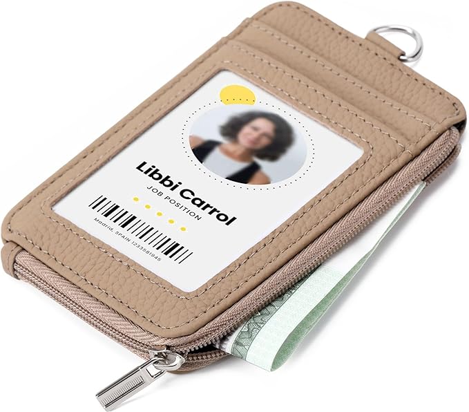 Badge Holder – Genuine Leather ID Badge Holder with Zipper Pocket and Nylon Lanyard – Perfect for Badges, Cards, and More