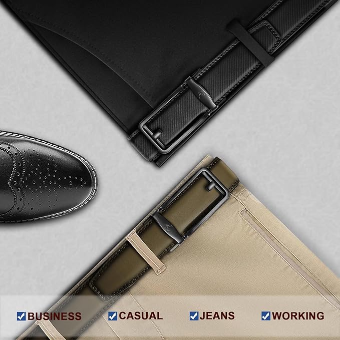 BULLIANT Men Ratchet Belt 2 Pack, Click Sliding Leather Belt Adjustable for Gift Men Dress Casual Jeans 1 3/8,Cut for Fit