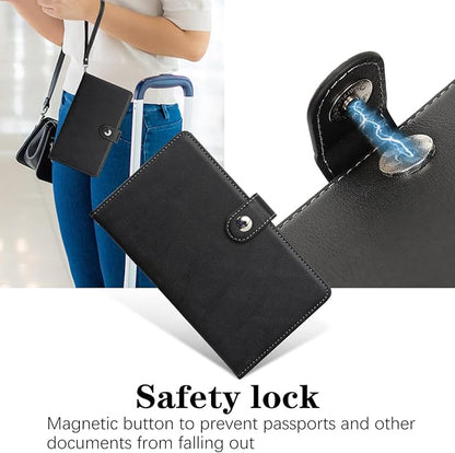 Passport Holder for Travel Essentials, RFID Blocking PU Leather Wallet Cover with Wristlet Strap Magnetic Closure Passport Book Holders Case for Women and Men, Black