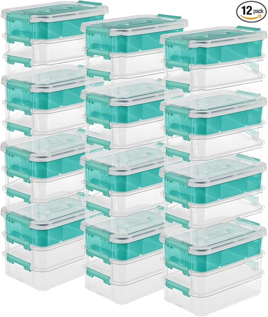 Sterilite 12 Pack Plastic Storage Box Container, 3 Layer, Stack and Carry, Clear/Blue