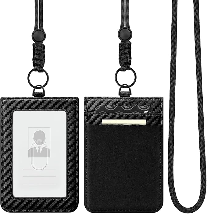 VULKIT ID Badge Holder with Lanyard for Women and Men Vertical Leather Badge Holder with Clear ID Window Card Holder Slot and Money Pocket Carbon Fiber