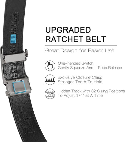 SENDEFN Men's Leather Belt Automatic Ratchet Buckle Slide Belt for Dress Casual Trim to Fit with Gift Box