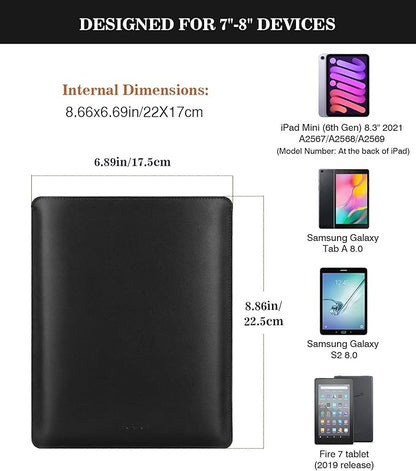 MoKo 7-8 Inch Tablet Sleeve, PU Leather Briefcase Slim Stylish Case Pouch Fit with New iPad Mini (A17 Pro) 8.3" 2024, iPad Mini 6/5/4/3/2/1, Galaxy Tab S2 8.0, Tab A 8.0, ZenPad Z8s 7.9, Black