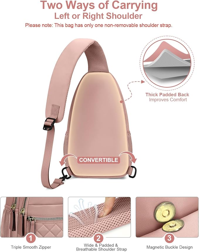 Capolo Sling Bag for Women Men Waterproof Crossbody Bags for Women Trendy Casual Fanny Pack with Convertible Shoulder Strap Chest Bag for Travel Hiking(Pink, Large)