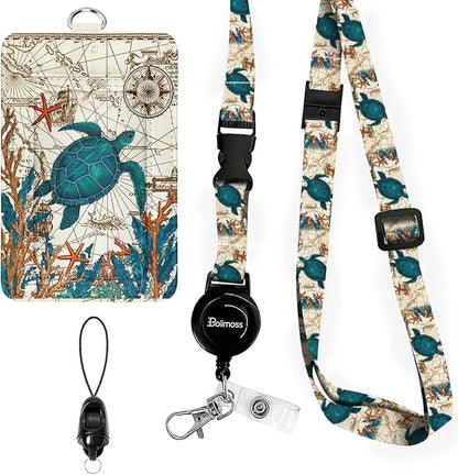 bolimoss Sea Turtle Lanyards for ID Badges, Cute Leather ID Badge Card Holder with Detachable Adjustable Neck Lanyard Strap,Retractable Badge Holders with Quick Release Buckles for Teacher Student