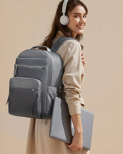 LOVEVOOK Laptop Backpack for Women with Leather Trim & Tumbler Pockets, 15.6" Work Backpack Purse, Travel Personal Item Bag, Carry On Business Computer Bag for Office, School, Gift, Lustrous Graphite
