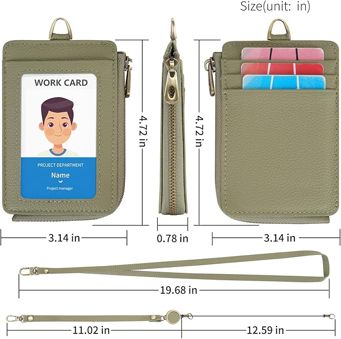 Wason Badge Holder Card Wallet Real Leather with Zipper, Detachable Neck Lanyard, Hand Strap, Retractable Badge Reel, Multi Purpose Case for ID Permit Badge Coin Key Driver's License (Light Green)