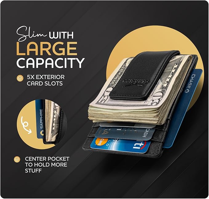 Claasico Men’s Leather Money Clip Wallet – Slim Front Pocket Wallet w/Super Strong Magnetic Clip, RFID Blocking, 5 Card Slots & Center Pocket + ID Window