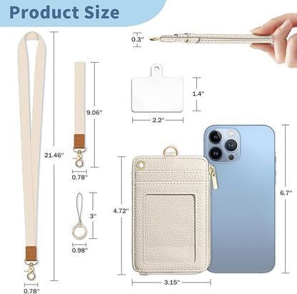 Lanyard Wallet with Id Badge Holder, White RFID Small Keychain Wallet Women Wristlet, Minimalist Zipper Credit Card Holder Phone Wrist Neck Strap for Key Name Tag, Teacher Student Office Gift