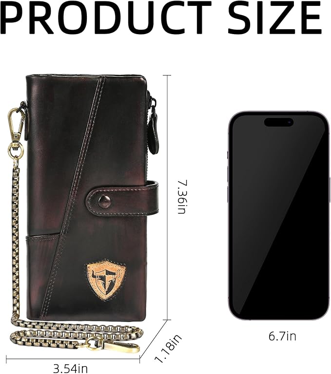 Genuine Crazy Horse Leather Travel Gift Coin Pocket Card Case Long Organizer Chain Rfid Wallet Purse With Snap For Men Male 1803 1815 (1803 Brown 26a)