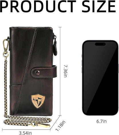 Genuine Crazy Horse Leather Travel Gift Coin Pocket Card Case Long Organizer Chain Rfid Wallet Purse With Snap For Men Male 1803 1815 (1803 Brown 26a)