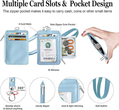 Bolimoss 2-in-1 ID Badge Holder & Lanyard Wallet, Credit Card Holders with Breakaway Neck Lanyard, Leather ID Name Badge 5 Card Slots Zipper Purses for Offices, School, Driver Licence, Baby Blue