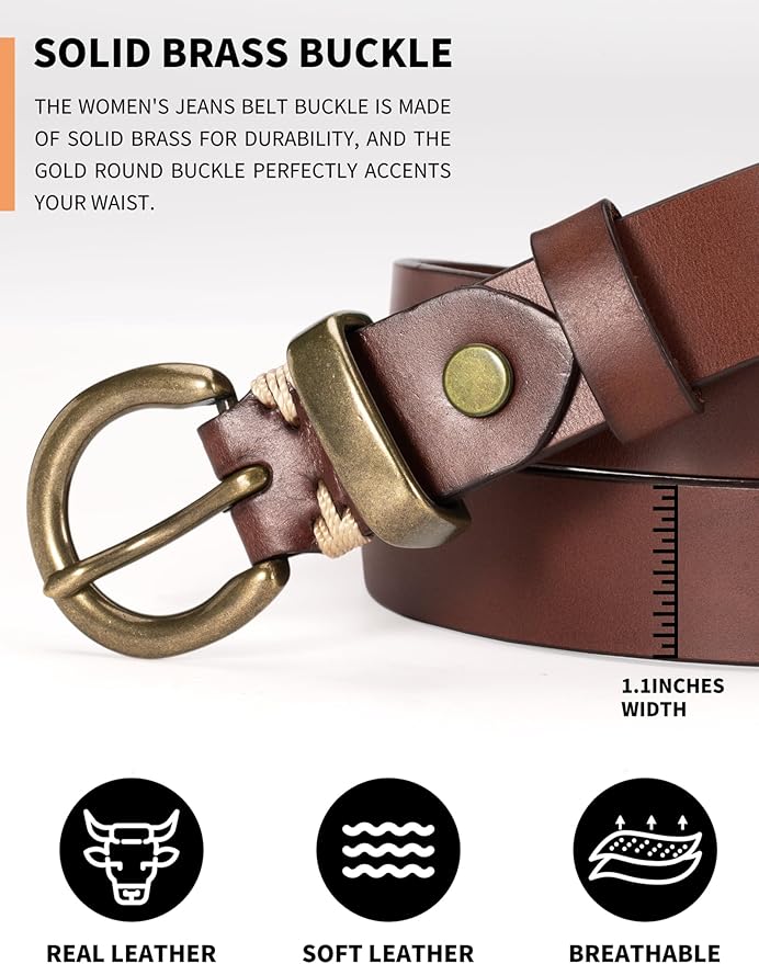 Womens Belts for Jeans Genuine Leather Belt Vintage Solid Brass Circle buckle Gift Box Packaging