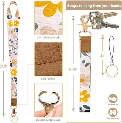 2-in-1 Cute Lanyard Wallet & ID Badge Holder for Women, Leather ID Name Badge Card Holder with Zip ID Case Breakaway Wristlet & Neck Lanyard for Offices, Teacher, Students, Employees (Florals)