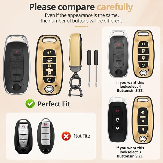 for Nissan Key Fob Cover Accessories- Matte TPU Key Fob Cover with Leather Keychain for 2023 2024 Rogue Pathfinder Versa 2025 Sentra Patrol Armada Smart and More (Champagne Gold, 5 Buttons)