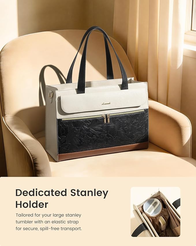 LOVEVOOK Laptop Tote for Women 15.6 Inch, PU Leather Waterproof Work Tote with Large Tumbler Pocket, Peony Embossed Textured Computer Bag, Organized Teacher Office Business Crossbody Handbag