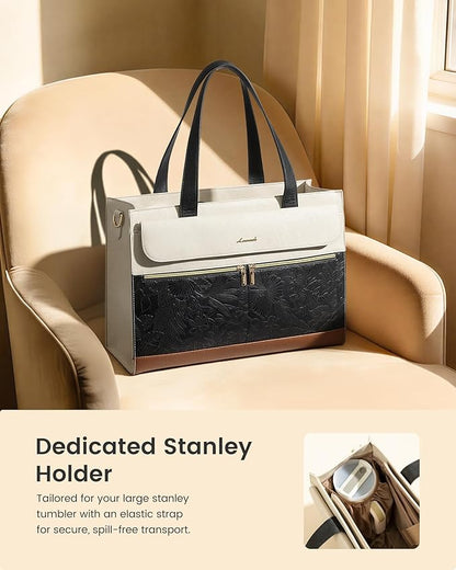 LOVEVOOK Laptop Tote for Women 15.6 Inch, PU Leather Waterproof Work Tote with Large Tumbler Pocket, Peony Embossed Textured Computer Bag, Organized Teacher Office Business Crossbody Handbag