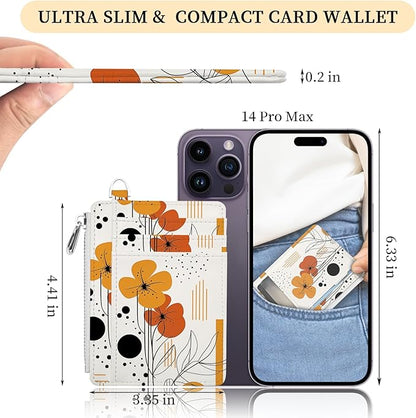 Hancynir Slim Wallet Women Credit Card Holder Abstract Boho Flower RFID Small Mini Card Case Front Pocket PU Leather Thin Travel Zipper Coin Cash ID Window Ladies Female Wallet Gifts
