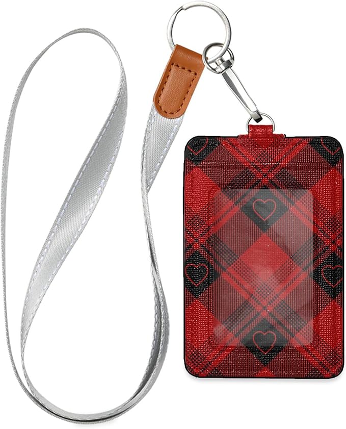 Badge Holder, Buffalo Plaid Red Black Hearts PU Leather School College Business ID Badge Card Holder Wallet Case with 1 Clear Window, 2 Credit Card Slots and Detachable Neck Lanyard