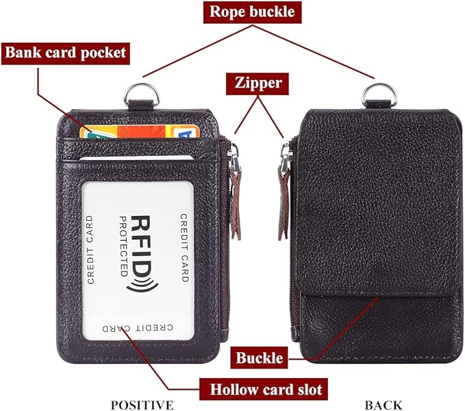 Badge Holder with Zipper Genuine Leather RFID Keychain Wallet Neck Lanyards with Swivel Hook for Card/Coin/Cash, Coffee