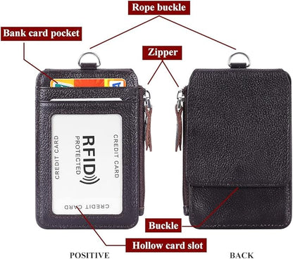 Badge Holder with Zipper Genuine Leather RFID Keychain Wallet Neck Lanyards with Swivel Hook for Card/Coin/Cash, Coffee
