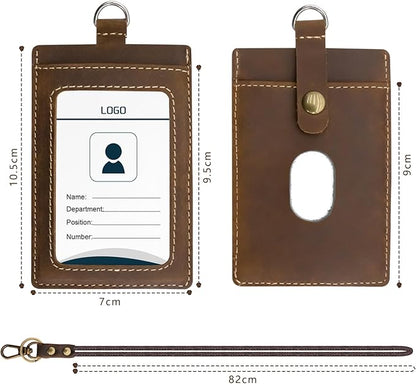 Badge Holder: Boshiho Cowhide Leather ID Badge Card Holder with 19" Neck Lanyard, Vertical Style (Brown)