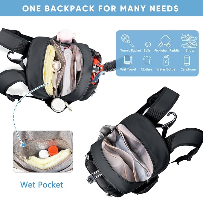 Tennis Backpack with 2 Rackets Holder, Water-Resistant PU Leather Tennis Racket Bag for Women & Men, Sling Crossbody Sports Backpack for Tennis, Pickleball & Badminton, Tennis Gifts