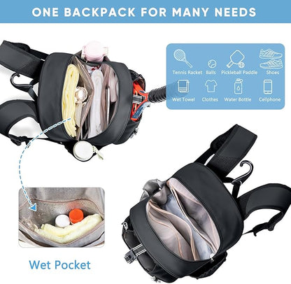 Tennis Backpack with 2 Rackets Holder, Water-Resistant PU Leather Tennis Racket Bag for Women & Men, Sling Crossbody Sports Backpack for Tennis, Pickleball & Badminton, Tennis Gifts