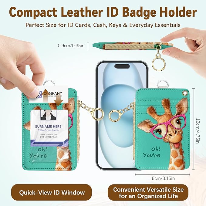 Giraffe Leather Badge Holder with Zipper Pocket, Green Work Lanyards and 1 Zip Pocket and 4 Card Slots, Gamer Breakaway Lanyards with Metal Clasp for Boys, Adult, Teachers