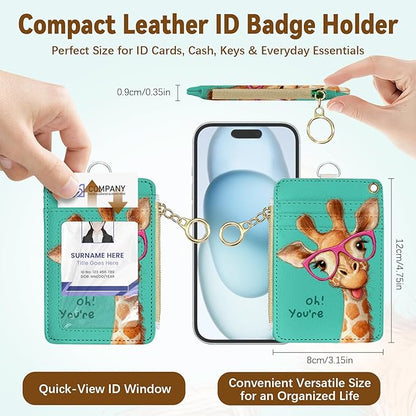 Giraffe Leather Badge Holder with Zipper Pocket, Green Work Lanyards and 1 Zip Pocket and 4 Card Slots, Gamer Breakaway Lanyards with Metal Clasp for Boys, Adult, Teachers