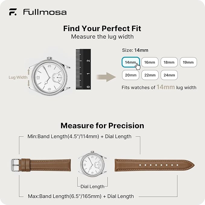 Fullmosa Watch Band, Quick Release Leather Watch Strap for Men Women, Replacement Bands Width 12mm 14mm 16mm 18mm 19mm 20mm 21mm 22mm 24mm