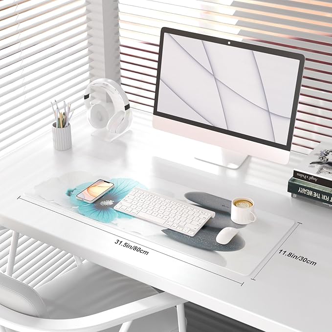 QiyI Desk Pad, Non-Slip PU Leather Desk Blotter Protector, Kids Floral Print Waterproof Computer Desk Mat, Thick Home & Office Large Keyboard Mouse Pad 31.5" x 11.8" - Pebbles & Blue White Flowers