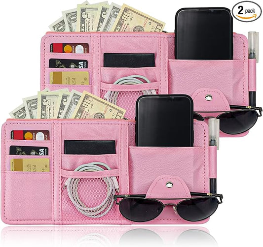 Keedolla 2 Pack Car Sun Visor Pocket Organizer, Auto Interior Accessories Car Truck Visor Organizer Storage Pouch Case Bag for Cards, Pens and Documents - Pink