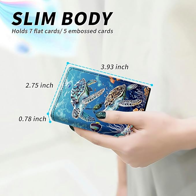 Sea Turtles Minimalist Wallet for Men, Pop Up Card Case Wallet for Women, PU Leather Automatic Credit Card Holder Metal Money Clip Wallet RFID Blocking Bifold Pocket Wallet