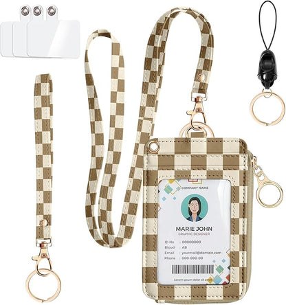 bolimoss Checkered ID Badge Holder & Lanyard Wallet for Teachers Nurse Women, Cute RFID Zippered Coin Pouch,Removable Wristlet & Neck Lanyard, 5 Card Slots, Phone Holder, Keyring