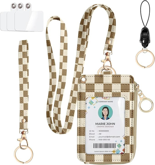 bolimoss Checkered ID Badge Holder & Lanyard Wallet for Teachers Nurse Women, Cute RFID Zippered Coin Pouch,Removable Wristlet & Neck Lanyard, 5 Card Slots, Phone Holder, Keyring