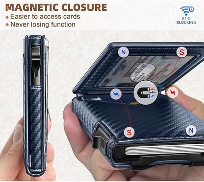 Genuine Leather Wallet for Men Slim Magnetic Flip Bifold with Money Clip and Metal Card Case Holds 9 Cards Ideal for Gifts and Daily Use (Purplish Blue)