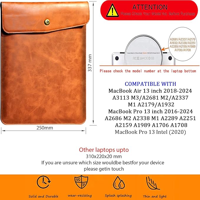 Leather Laptop Sleeve 13 Inch Compatible with MacBook Neo 13" 2026 & MacBook Air/Pro 13" (M5/M4/M3/M2/M1, 2025-2018), Magnetic Buckle Closure Protective Case Cover,Brown