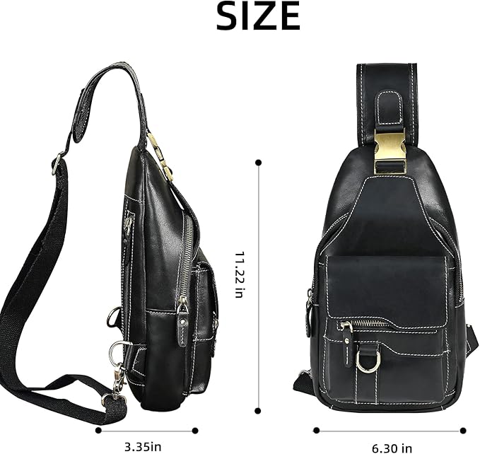 Genuine Leather Hiking Travel DayPack Sling Crossbody Triangle Chest Pack Bag For Men Women 8241 (8241 Dark Black)