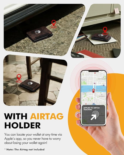 iwantit Slim Airtag Wallet for Men: Pop Up Bifold Wallet with Detachable Money Clip ID Window for Air Tag(1st & 2nd Generation) - RFID Blocking for 8-10 Cards Cash - Gift Box Included (Dark Brown)