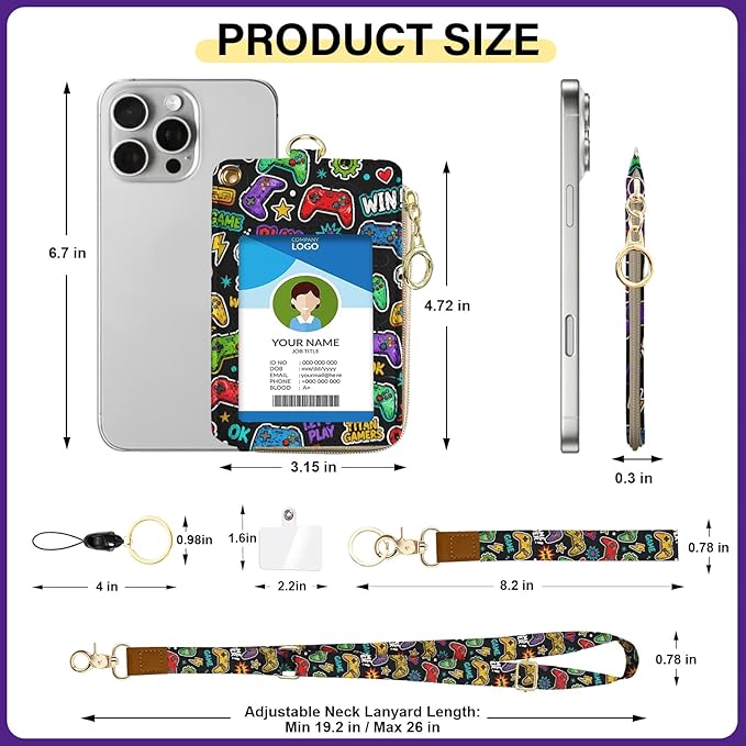 Lanyard Wallet with Id Badge Holder, Game RFID Small Keychain Wallet Women Wristlet, Pu Leather Zipper Credit Card Holder Phone Wrist Neck Strap for Key Name Tag, Teacher Office Gift