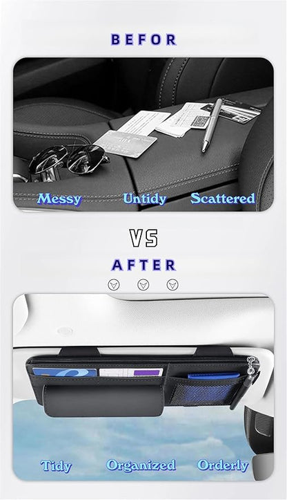 Car Visor Organizer, Multi-Pocket Sunvisor Storage with Sunglass Holder, Document Holder and Visor Card Clip, Fit for AUTO SUV & Truck, Leather Car Accessories Interior (Cream)
