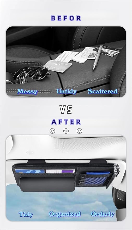 Car Visor Organizer, Multi-Pocket Sunvisor Storage with Sunglass Holder, Document Holder and Visor Card Clip, Fit for AUTO SUV & Truck, Leather Car Accessories Interior (Black)