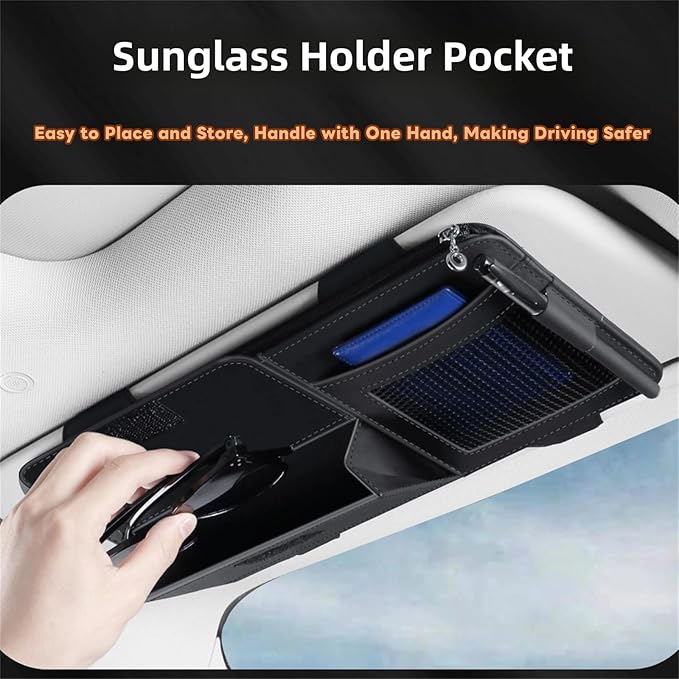 Car Visor Organizer, Multi-Pocket Sunvisor Storage with Sunglass Holder, Document Holder and Visor Card Clip, Fit for AUTO SUV & Truck, Leather Car Accessories Interior (Black)